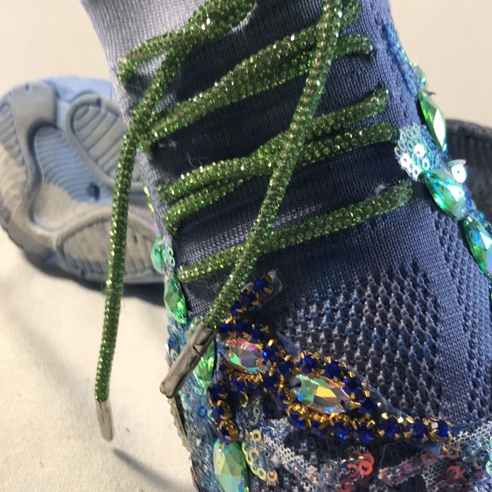Women’s Rare Wear Customized Bedazzled Periwinkle Blue Pull On Mesh Sneakers